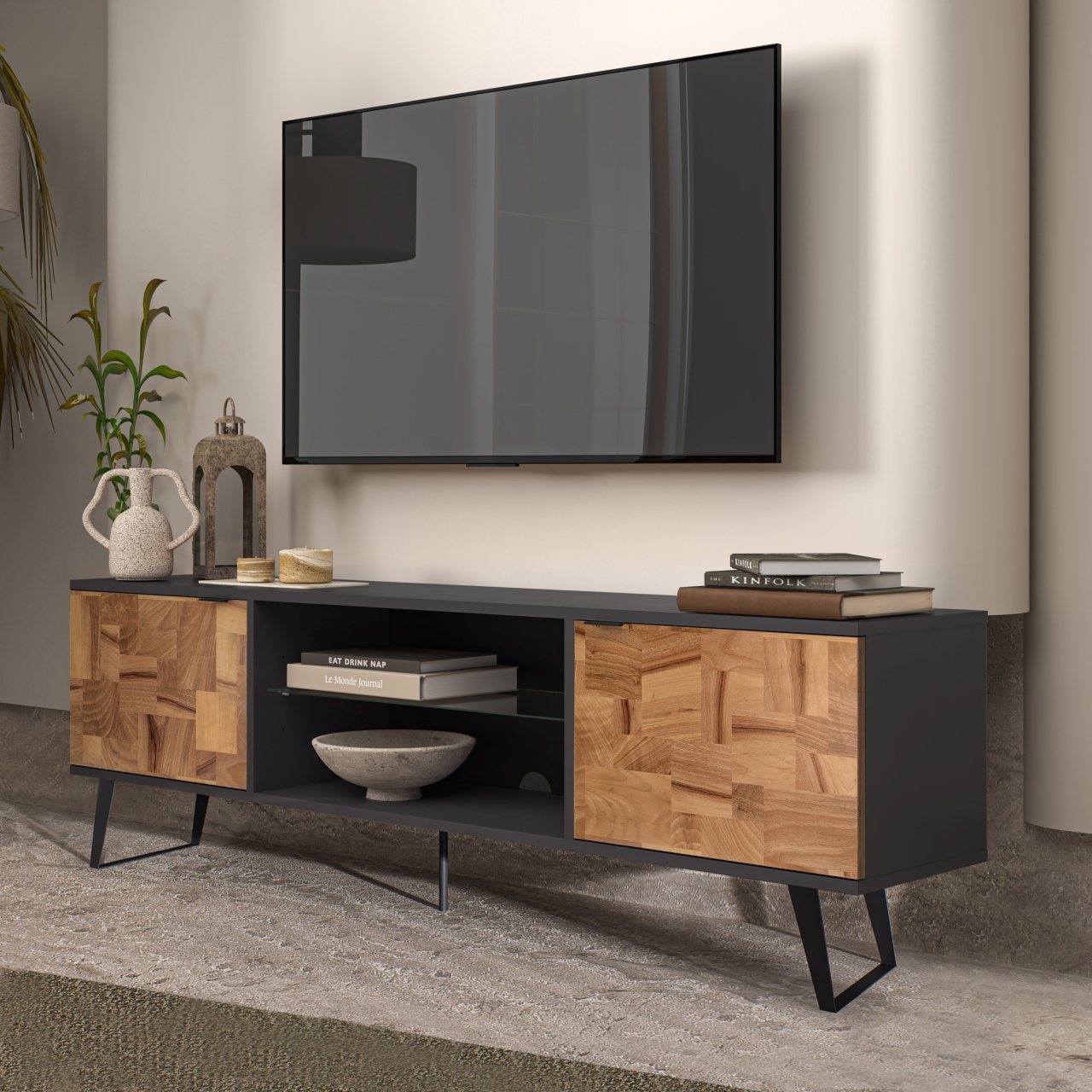 Comodă TV modernă, culoare antracit, cu uși din lemn și picioare metalice, design modern și suport pentru TV până la 85” - poza 2