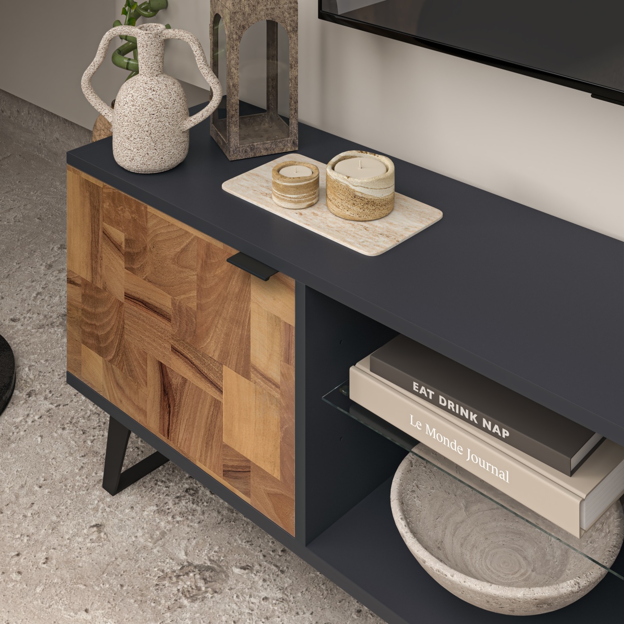 Comodă TV modernă, culoare antracit, cu uși din lemn și picioare metalice, design modern și suport pentru TV până la 85” - poza 4
