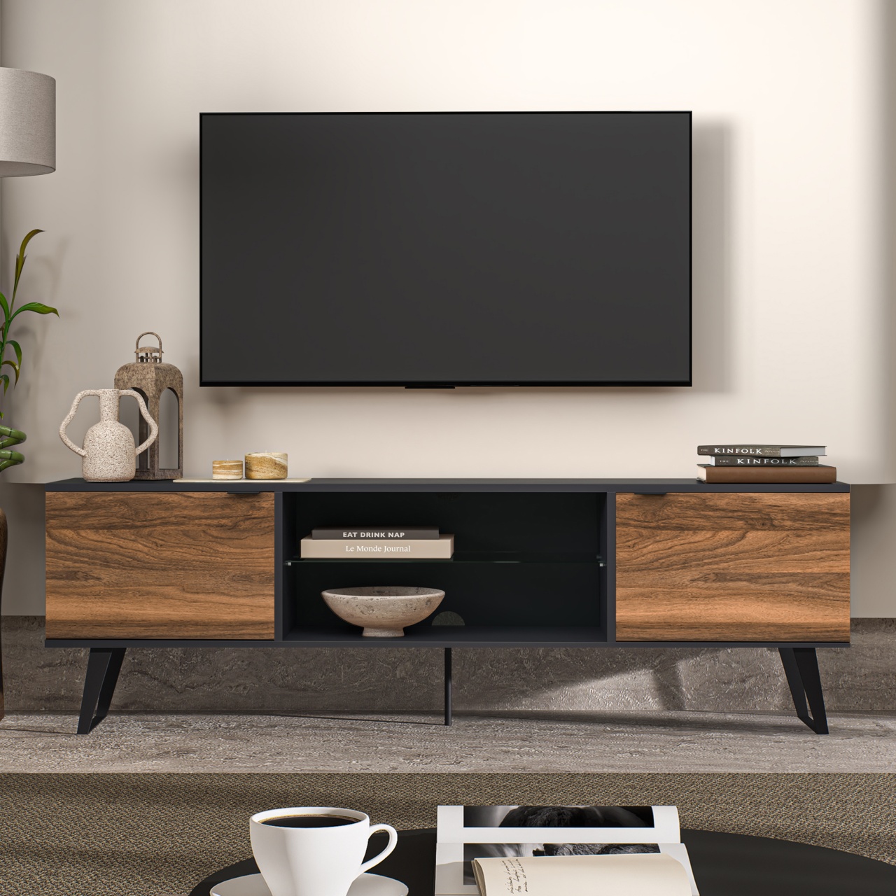 Comodă TV moderna, culoare nuc & antracit, cu spații de depozitare și suport pentru TV până la 75”