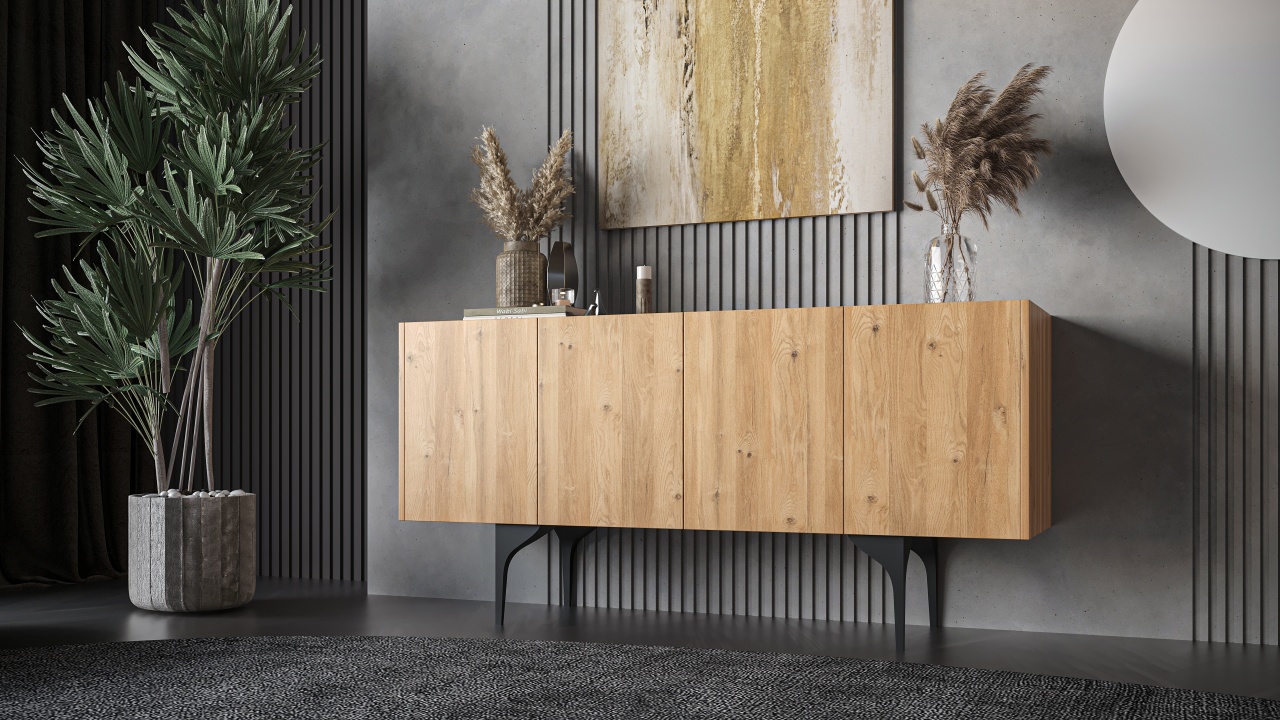 Comodă TV, stejar alb, cu picioare metalice negre – design modern și spații de depozitare