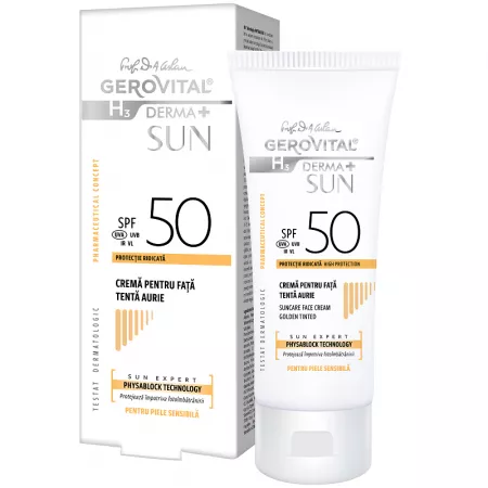 Crema pentru fata SPF 50 tenta aurie H3 Derma+ Sun, Gerovital, Farmec | 50 ml