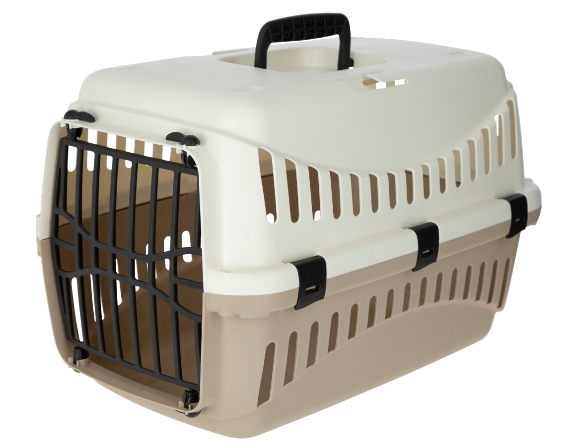 Cusca transport pisici si catei, din plastic, cu usa de plastic si fante auto, crem/taupe, 45x30x30 cm - cutie transport animale mici pana la 10 kg
