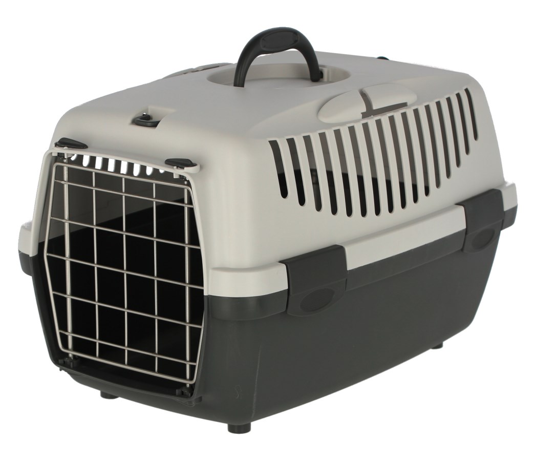 Cusca transport pisici si catei, Guliver, cu usa metalica, din plastic gri deschis/gri inchis, 48x32x31 cm - cutie transport animale mici pana la 6 kg