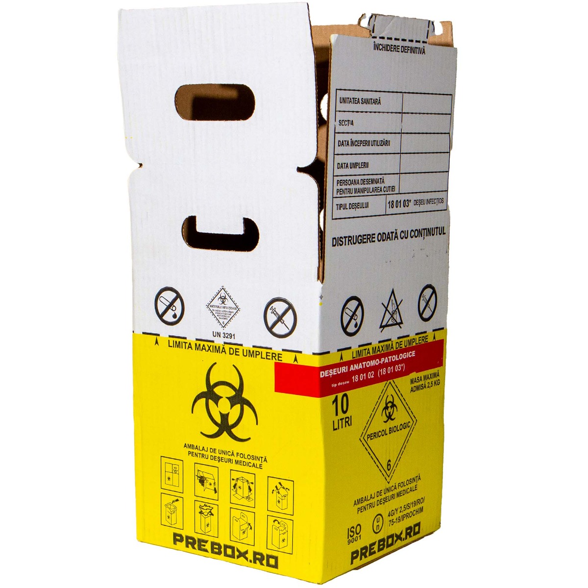 Cutie deseuri medicale 10L cu sac galben Biohazard si banda rosie, carton 3 straturi, ADR, pentru colectare deseuri anatomo-patologice