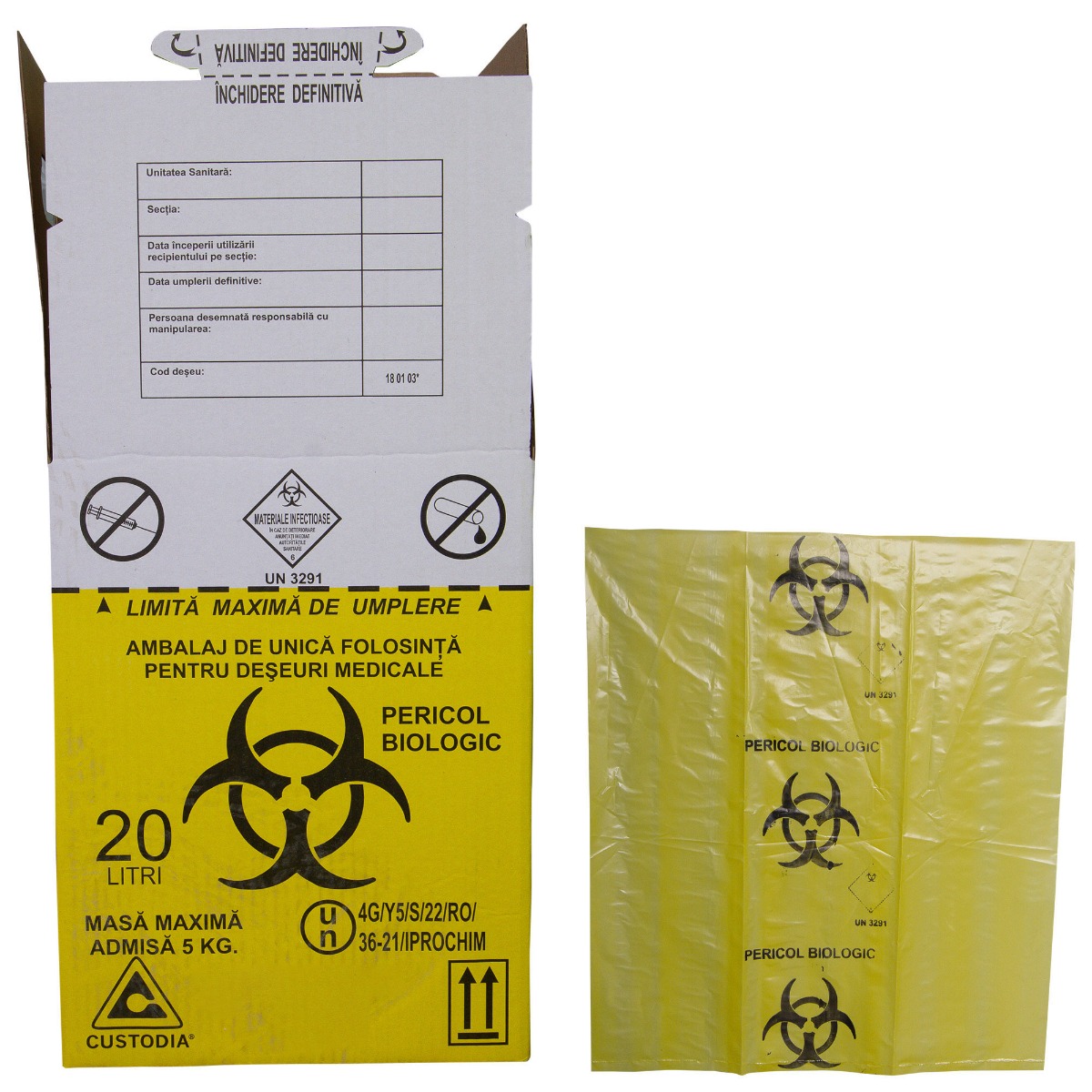 Cutie deseuri medicale 20L cu sac galben Biohazard, carton 3 straturi, pentru colectarea si incinerarea deseurilor infectioase