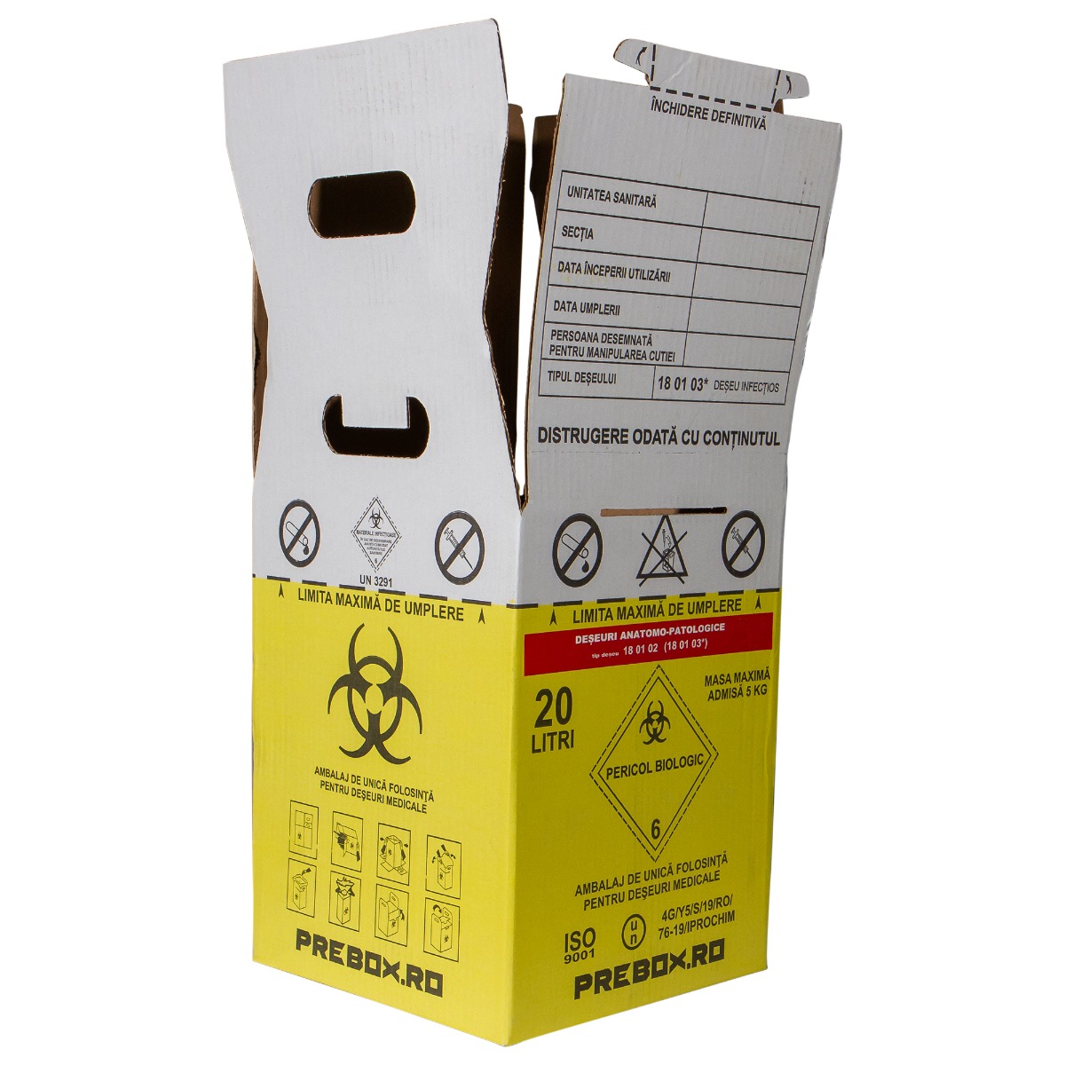 Cutie deseuri medicale 20L cu sac galben Biohazard si banda rosie, carton 3 straturi, ADR, pentru colectare deseuri anatomo-patologice