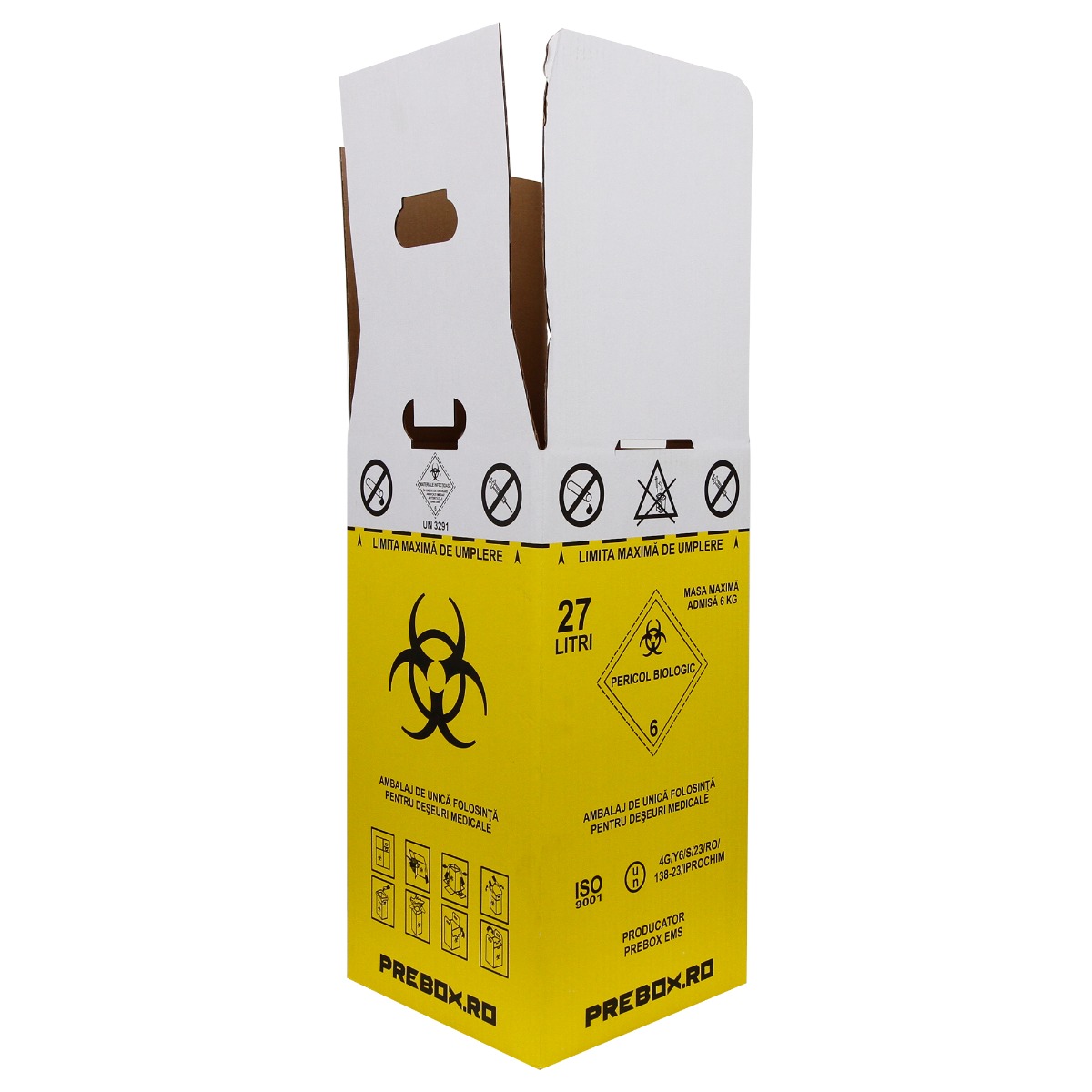 Cutie deseuri medicale 27L cu sac galben Biohazard, carton 3 straturi, ADR, pentru colectare deseuri anatomo-patologice