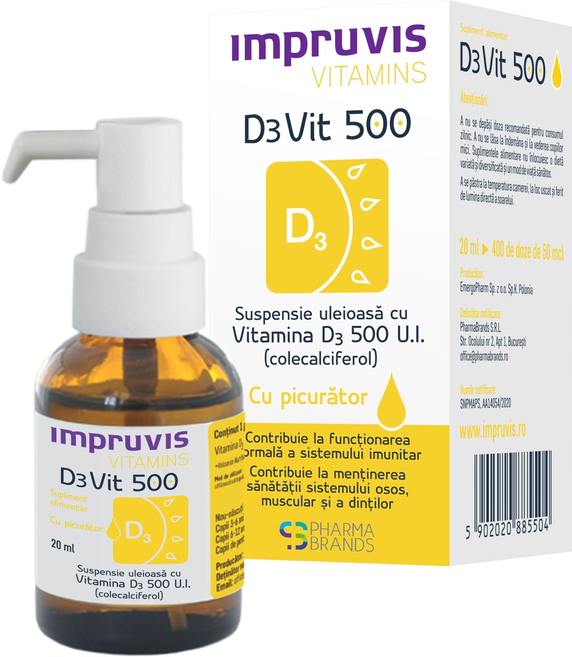 D3Vit 500, Suspensie uleioasa cu picurator Impruvis , 20ml, Pharma Brands