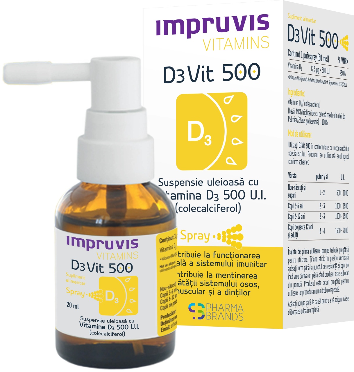 D3Vit 500, Suspensie uleioasa cu Vitamina D3 spray Impruvis , 20ml, Pharma Brands