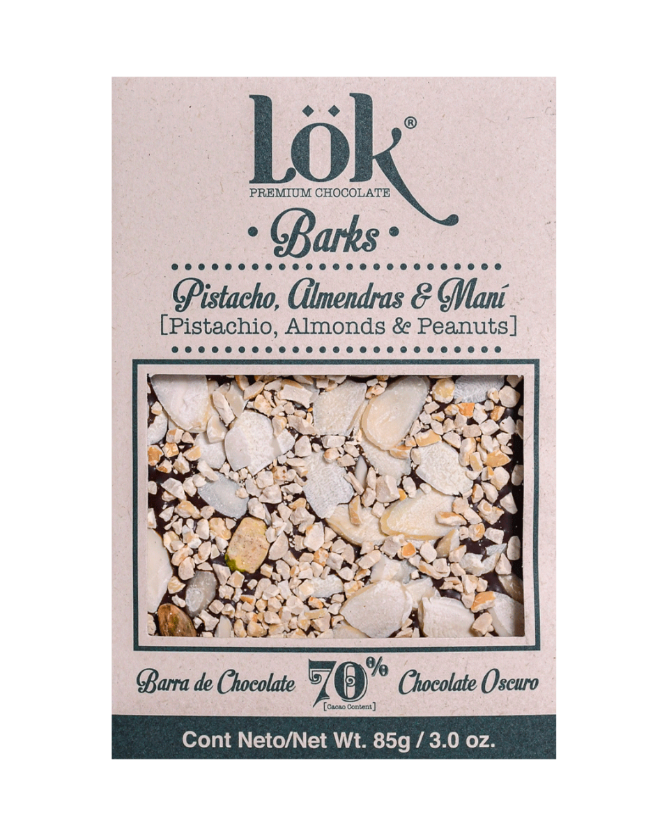 Dark Chocolate 70% cacao cu arahide, migdale si fistic, 85g, LOK