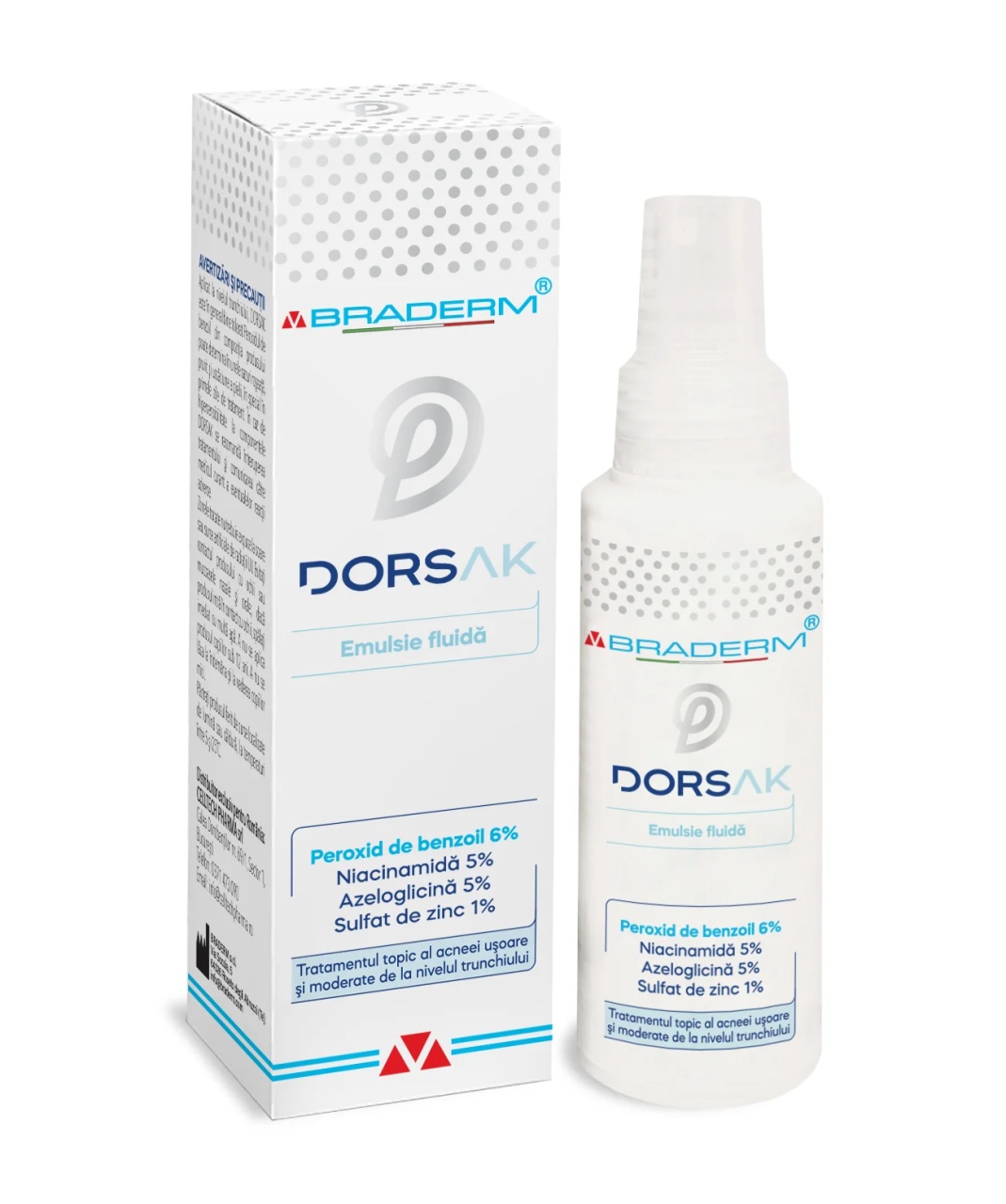 Emulsie fluida spray pentru tratamentului acneei Dorsak, 100ml, Braderm