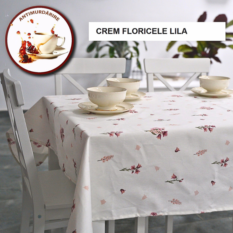 Fata de masa teflonata antimurdarire crem floricele lila 140x180 cm, Ralex | 1 buc