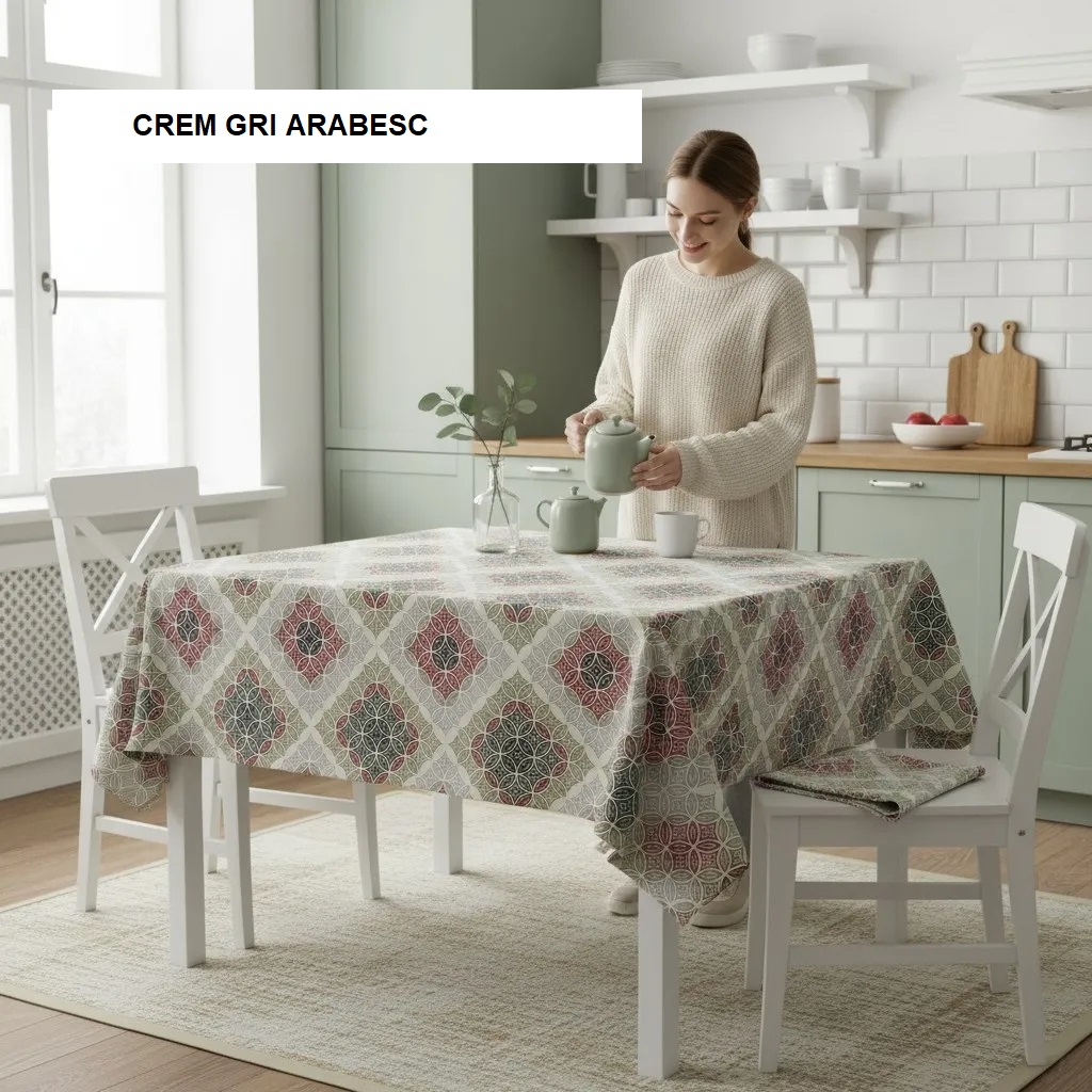 Fata de masa teflonata antimurdarire crem gri arabesc 140x180 cm, Ralex | 1 bucATA ANTIMURDARIRE 100% BBC CREM GRI ARABESC 140X180CM