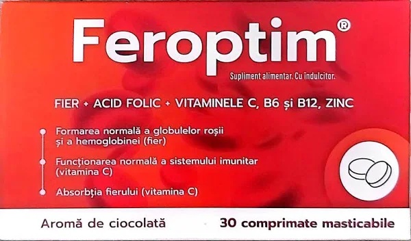 Feroptim cu aroma de ciocolata, 30 comprimate masticabile, Zdrovit