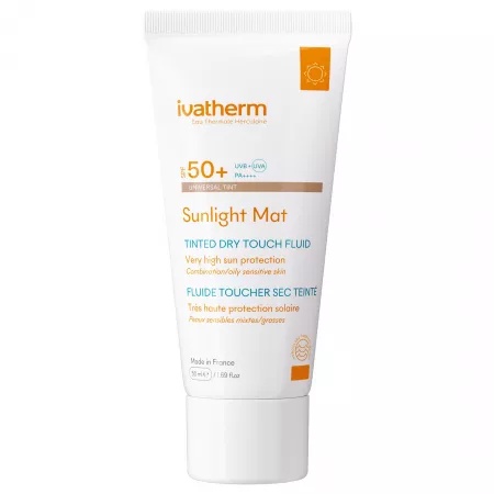 Fluid matifiant colorat cu protectie solara SPF50+ Sunlight Mat Tinted Dry Touch, 50ml, Ivatherm