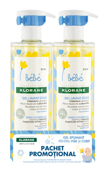 Gel spumant pentru par si corp, 500ml, 2 bucati, pachet promo, Klorane Bebe