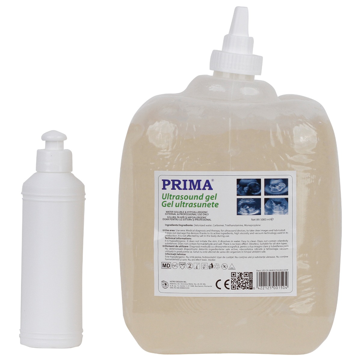 Gel ultrasunete PRIMA , pentru ecografie, transparent, 5 litri, cu dozator si flacon 260 ml