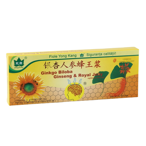 Ginkgo Biloba, Ginseng si Royal Jelly, 10 fiole, Yongkang International