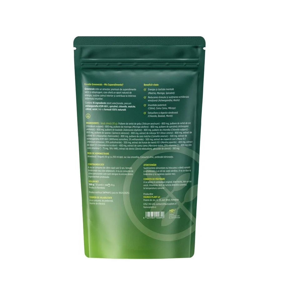 Greenerals - Amestec de superalimente naturale cu nutrienți esențiali pentru organism. Pudră 300g. Energie și vitalitate. Susține imunitatea și detoxifierea în mod natural cu un mix de verdețuri, superalimente și antioxidanți - poza 2