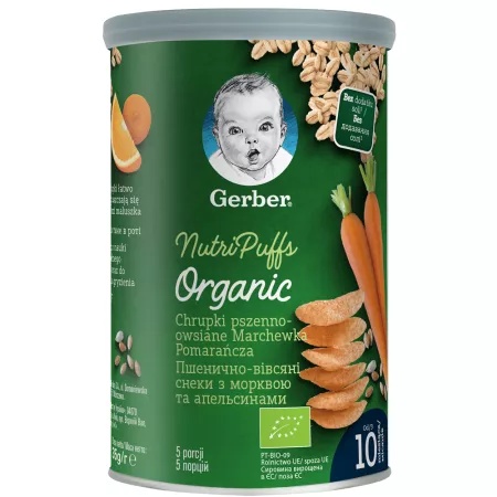 Gustare bio cu cereale, morcovi si portocale 10l+, 35g, Gerber