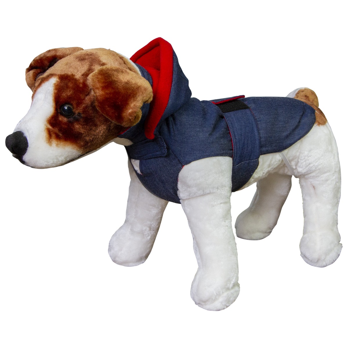 Haina pentru caini si pisici, PRIMA, din denim, captuseala rosie, gluga detasabila, 27 cm