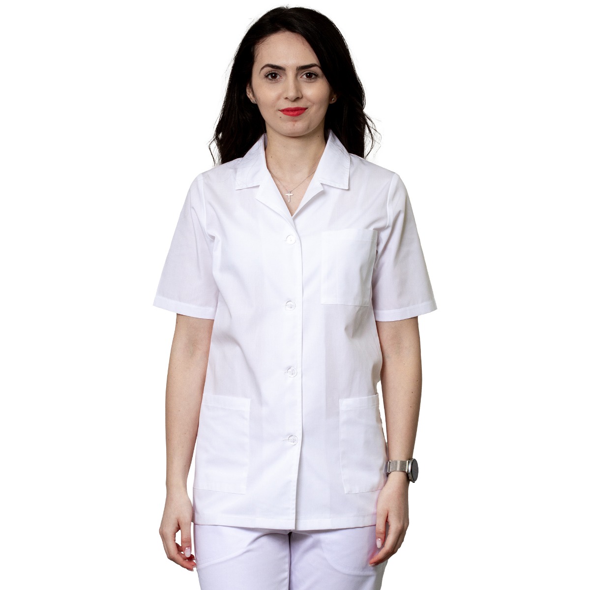 Halat medical dama ANA Clasic, maneca scurta, inchidere nasturi, 3 buzunare, alb, XL
