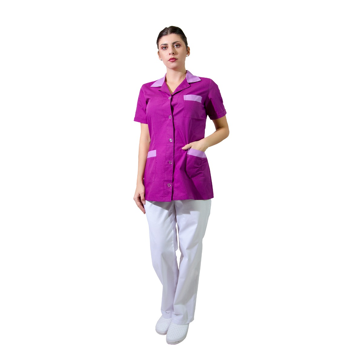 Halat scurt camerista SIA Clasic, maneca scurta, inchidere nasturi, 3 buzunare, Mov bordura lila, XS