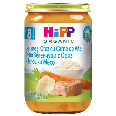 Hipp Eco piure legume si orez cu carne de vitel, + 8 luni, Hipp | 220 gr