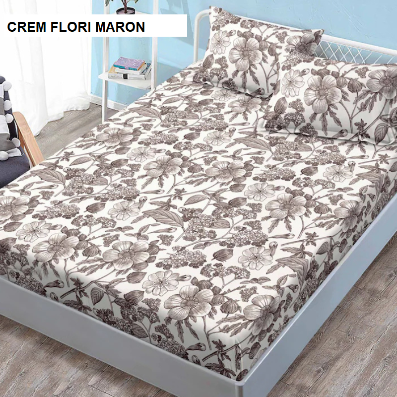 Husa de pat cu 2 fete de perna ELEGANCE crem flori maron 160x200 cm, Ralex | 1 buc