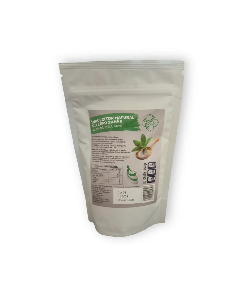 Indulcitor natural cu zero zahăr, Erythriol, Xylitol, Stevia, 250g, Bis-Nis