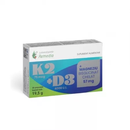 K2 + D3 + Magneziu Bisglicinat Chelat, 30 comprimate, Remedia