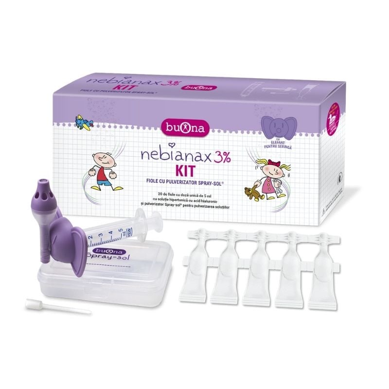 Kit Solutie salina hipertonica 3% cu acid hialuronic + Pulverizator Spray Sol, 20*5ml, Nebianax