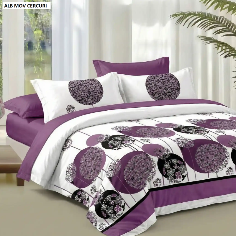 Lenjerie pat cu husa FINET (6 piese) alb mov cercuri 180x200 cm, Ralex | 1 buc