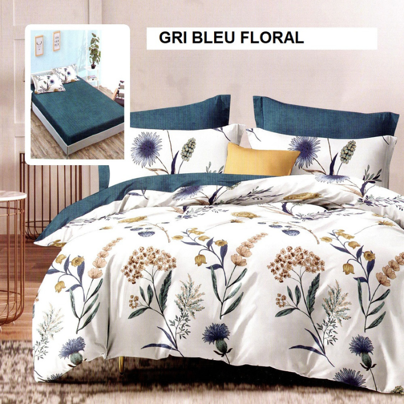Lenjerie pat cu husa FINET (6 piese) gri bleu floral 180x200 cm, Ralex | 1 buc