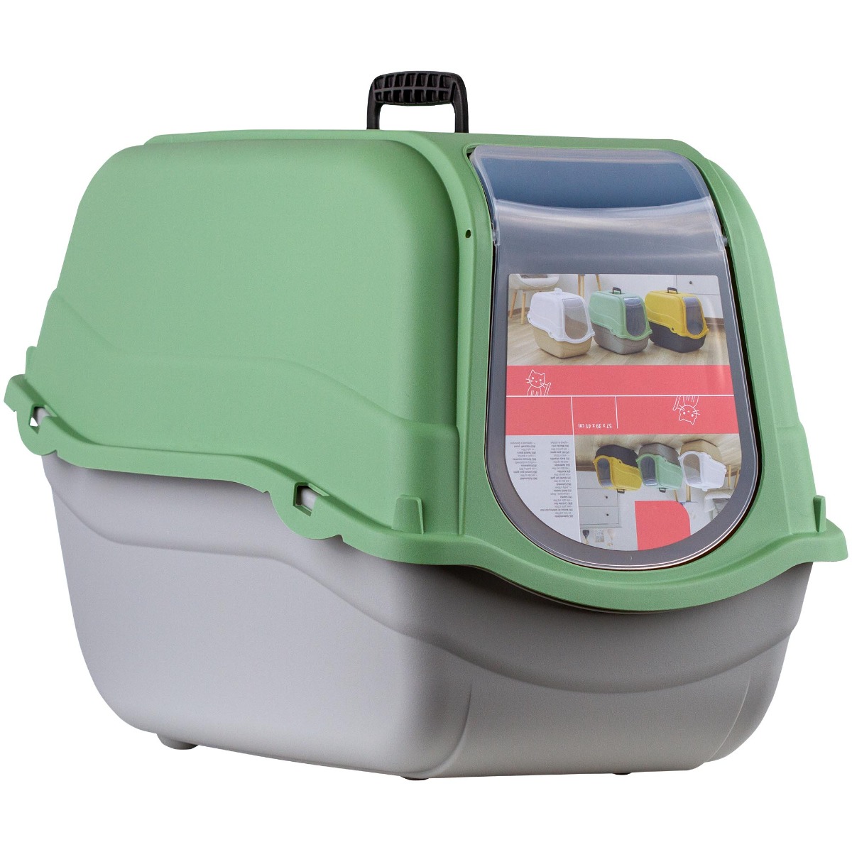 Litiera pisici acoperita cu capac si filtru de carbon activ, 57x39x41 cm, plastic, gri/verde