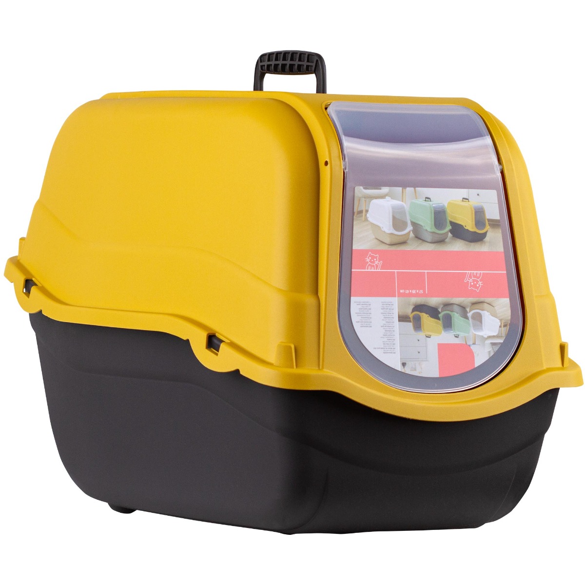 Litiera pisici acoperita cu capac si filtru de carbon activ, 57x39x41 cm, plastic, negru/galben
