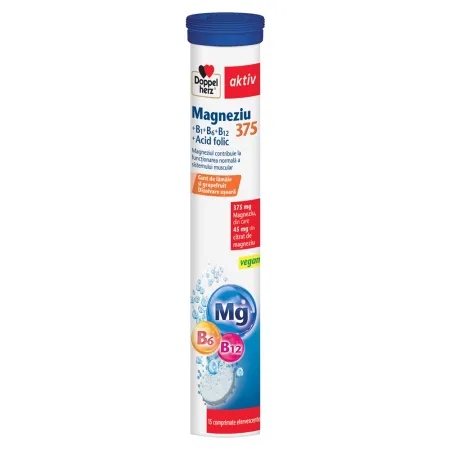 Magneziu 375+B1+B6+B12+Acid Folic, 15 comprimate efervescente, Queisser Pharma