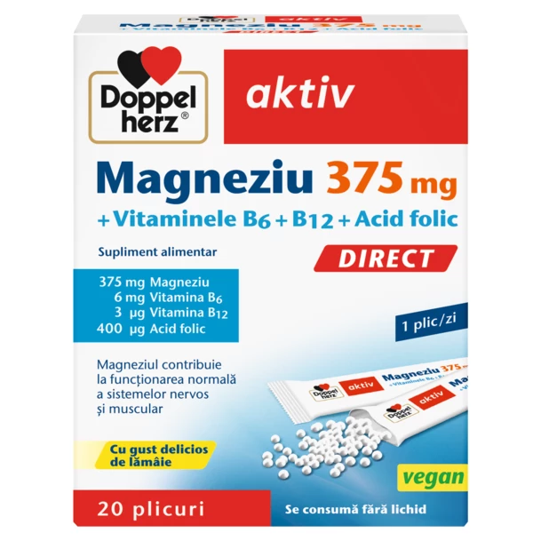 Magneziu 375 mg Direct + Vitaminele B6 + B12 + Acid folic, Doppelherz | 20 plicuri
