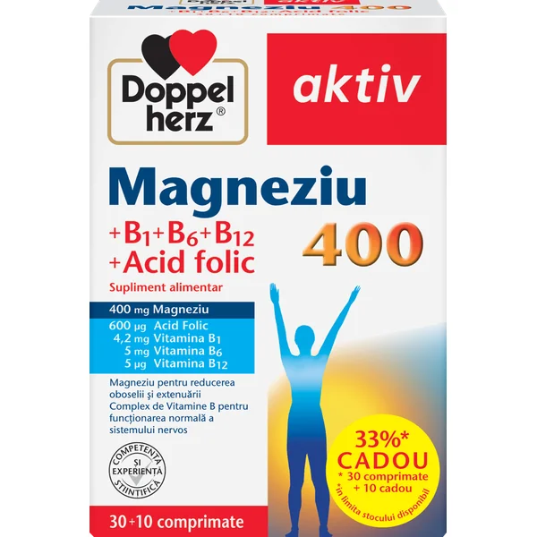 Magneziu 400 mg+Acid folic+Vitamina B1+B6+B12, Doppelherz Aktiv | 30 comprimate + 10 comprimate CADOU