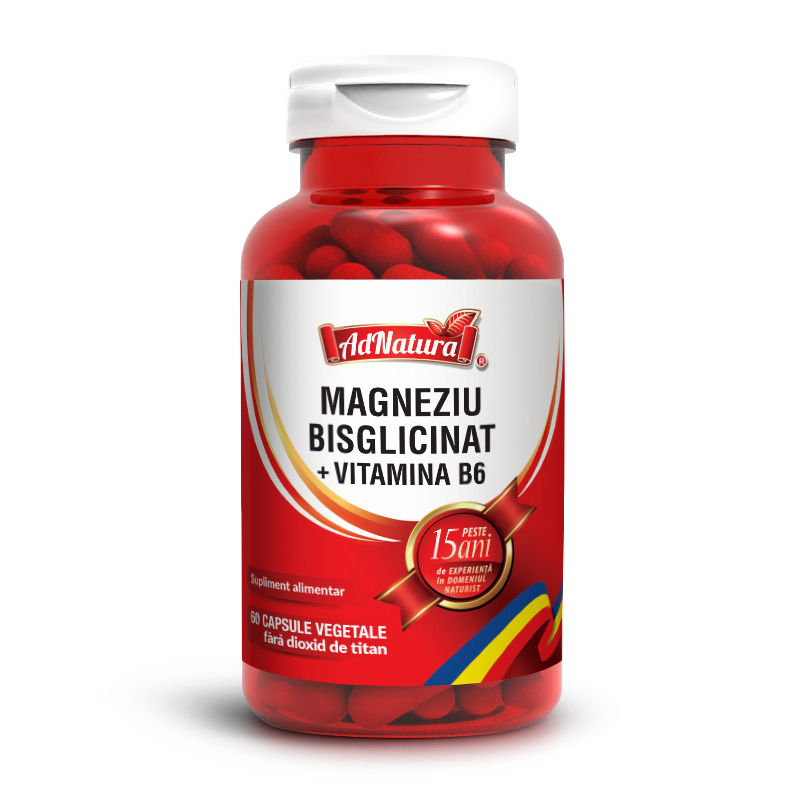 Magneziu bisglicinat + vitamina B6, pentru reducerea oboselii si a extenuarii, Ad Natura, 60 capsule