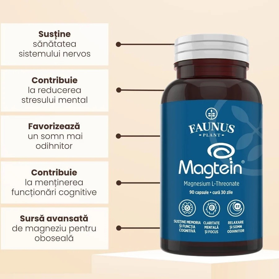 Magneziu L-Treonat Magtein® – Formulă complexă de magneziu antistres și oboseală. Flacon 90 capsule, Faunus Plant - poza 2
