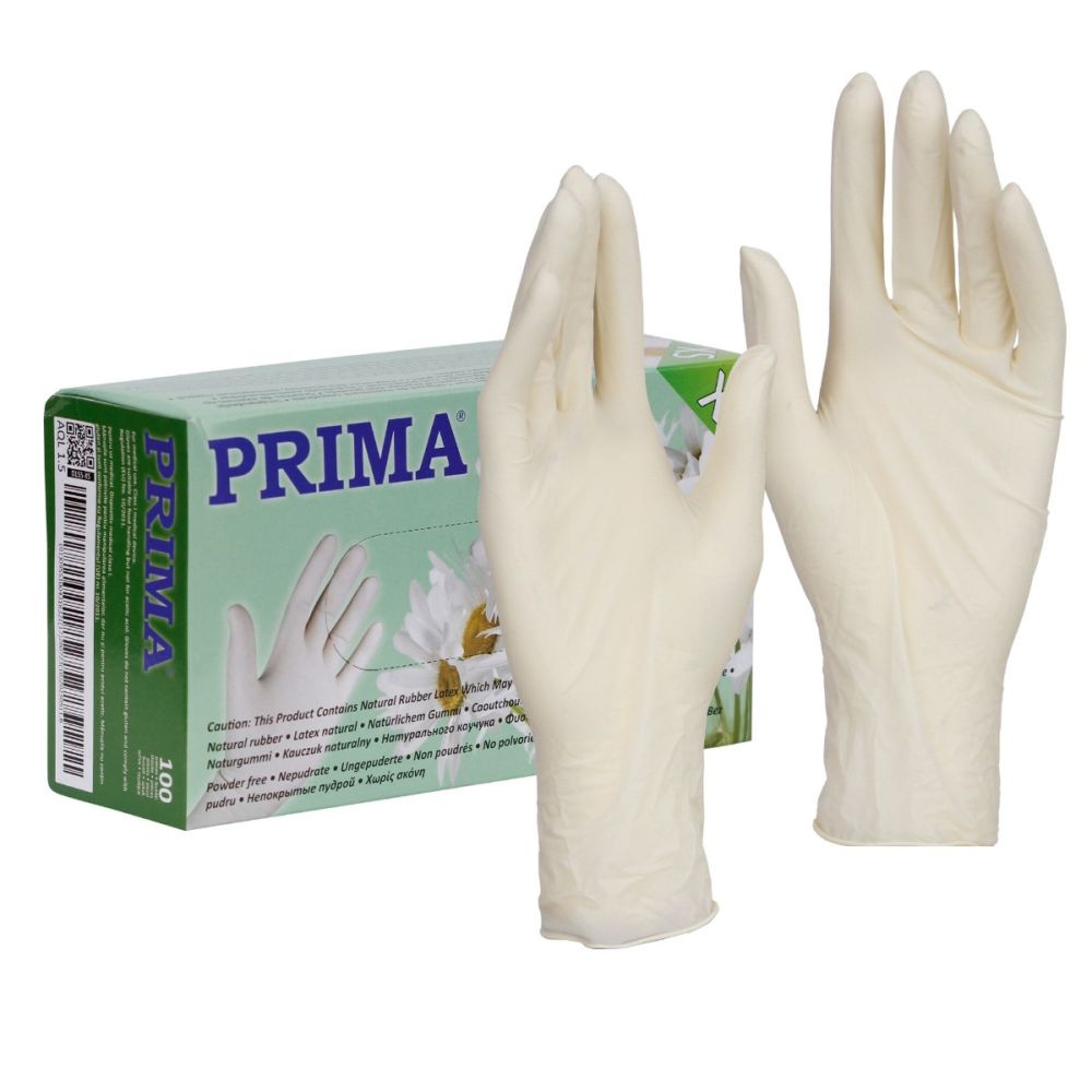 Manusi examinare albe din latex, nepudrate, PRIMA, marimi XS-XL, 100 bucati