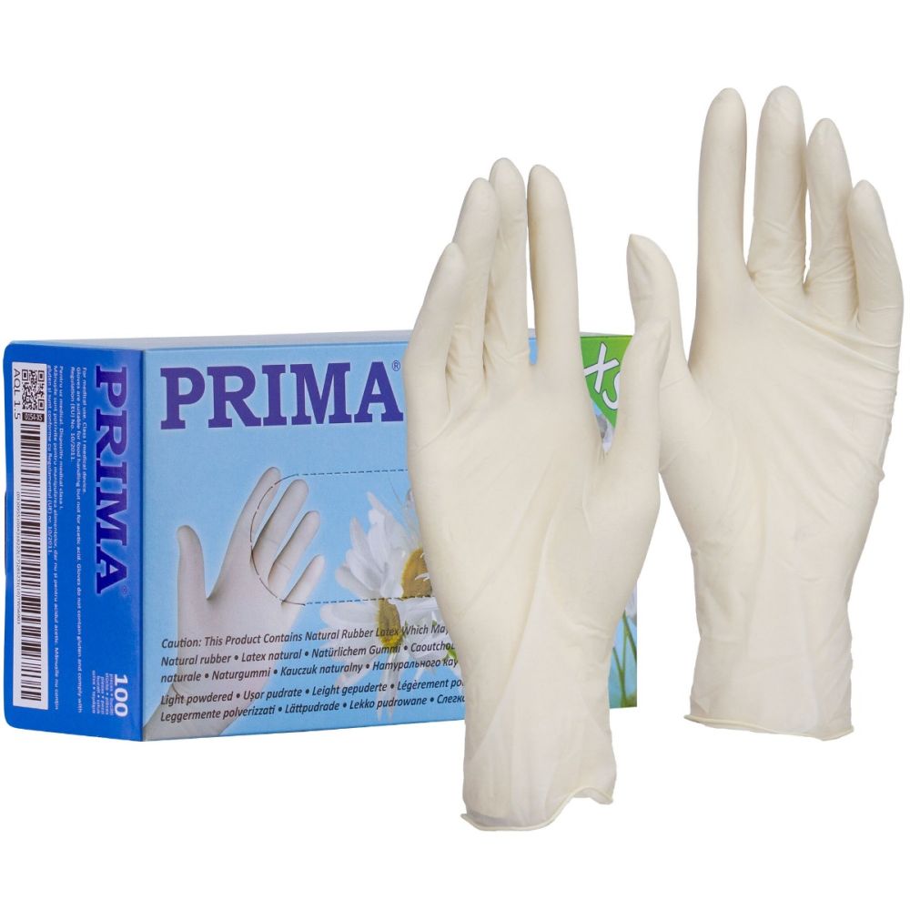 Manusi examinare albe din latex, usor pudrate, PRIMA, marimi S-XL, 100 bucati