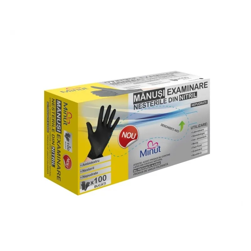 Manusi examinare nitril, nepudrate, negre, L, 100 bucati, Minut