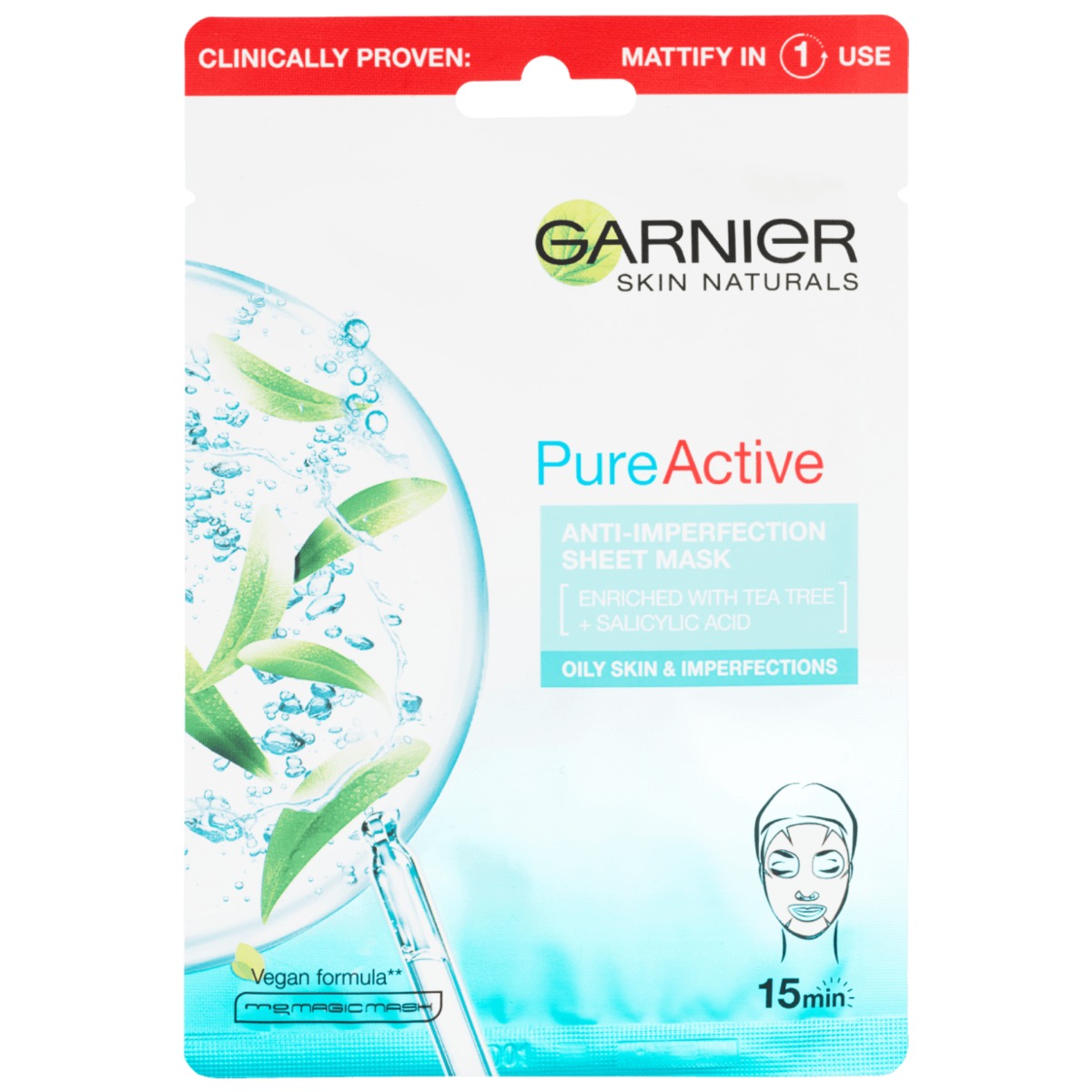 Masca servetel anti-imperfectiuni si hidratare Skin Naturals Pure Active, 23g, Garnier