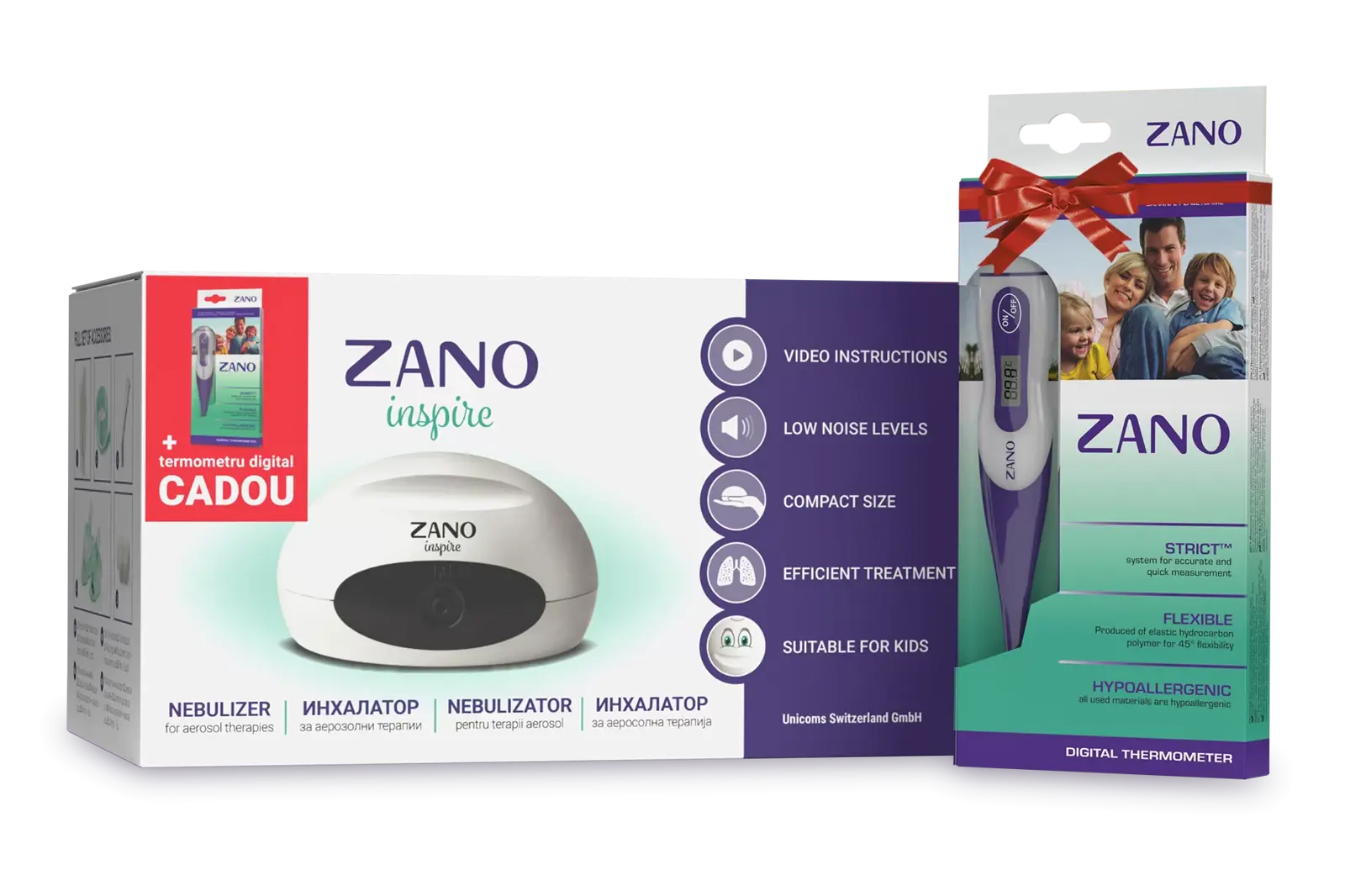 Nebulizator cu compresor pentru copii si adulti Zano Inspire + Termometru, Unicoms
