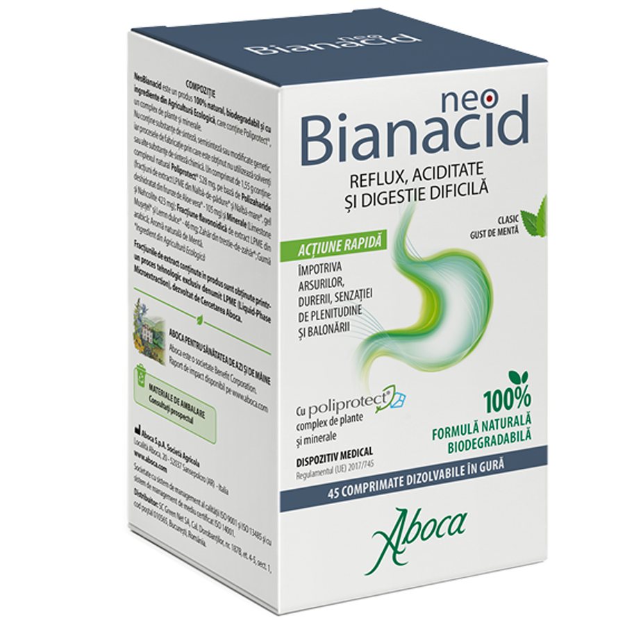 NeoBianacid cu poliprotect pentru aciditate si reflux, 45 comprimate, Aboca