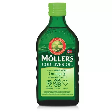 Omega 3 Ulei din ficat de cod cu aroma de mere verzi, 250 ml, Mollers