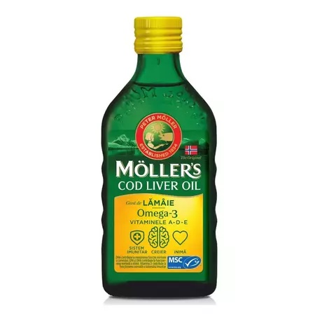 Omega 3 ulei ficat de cod cu aroma de lamaie, 250 ml, Mollers