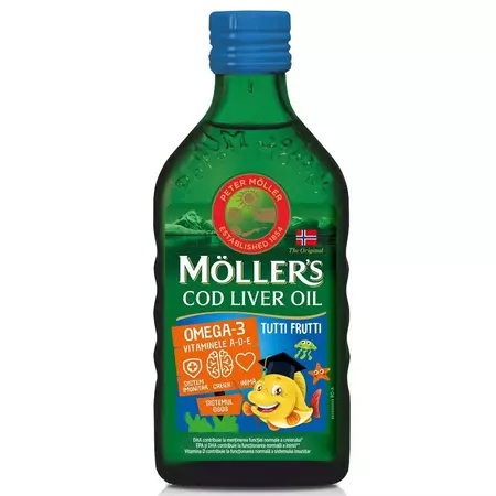 Omega 3 ulei ficat de cod cu aroma de tutti-frutti pentru copii, 250 ml, Mollers